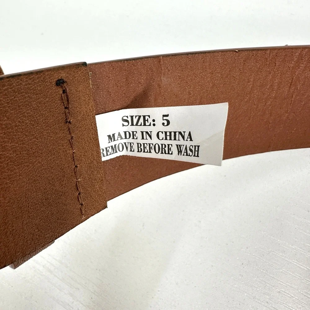 Cognac Brown Faux Leather Belt Oversized Rhinestone Western Buckle Size 5
